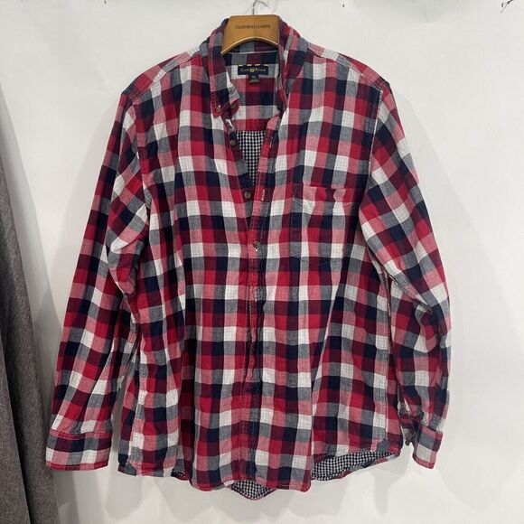 Club Room Button Down Shirt Mens XL Red Plaid Lined Cotton Long Sleeve Soft - Picture 1 of 13